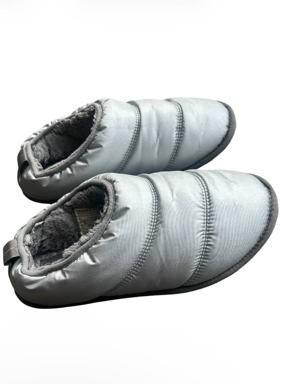 SOREL Hadley Slippers Slip On Flats Puffer Faux Fur Metallic Silver Size 10